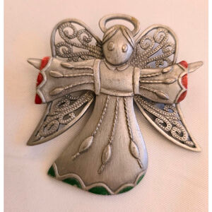 JJ Jonette Silver Tone Christmas Angel Brooch Pin Red & Green Accents Signed